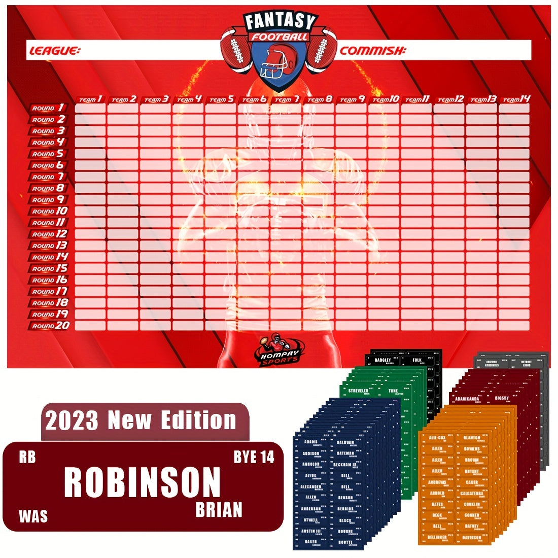 Fantasy Football Draft Board - 14 Teams - 20 Rounds - 650 Player Stick