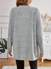 Solid Ribbed Long Sleeve Open Front Cardigan With Pockets