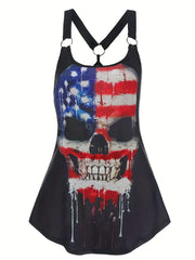 Halloween Casual Cami Dress Women's Plus Skull & Flag Print Ring Decor