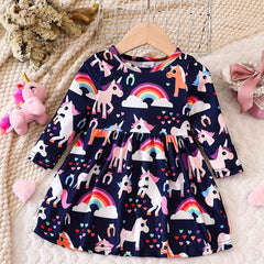 Baby Girls Rainbow Unicorn Print Long Sleeve Dress