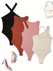4 Pack Solid Bodysuits Casual Asymmetrical Shoulder Bodysuits