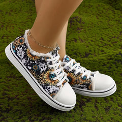 Leopard & Floral Print Canvas Shoes Lace Up Round Toe Low Trim