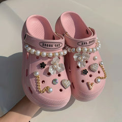 13Pcs Faux Pearl Chain & Flower Shoe Charms for Clogs Garden Shoes DIY