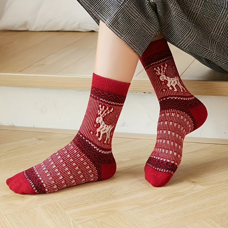 5 Pairs Cartoon Elk Print Socks Warm Christmas Mid Tube Women's Stockings