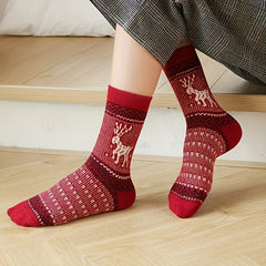 5 Pairs Cartoon Elk Print Socks Warm Christmas Mid Tube Women's Stockings