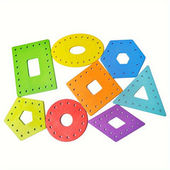 Educational Wooden Threading Toy Set Geometric Shape Colorful Lacing Boards