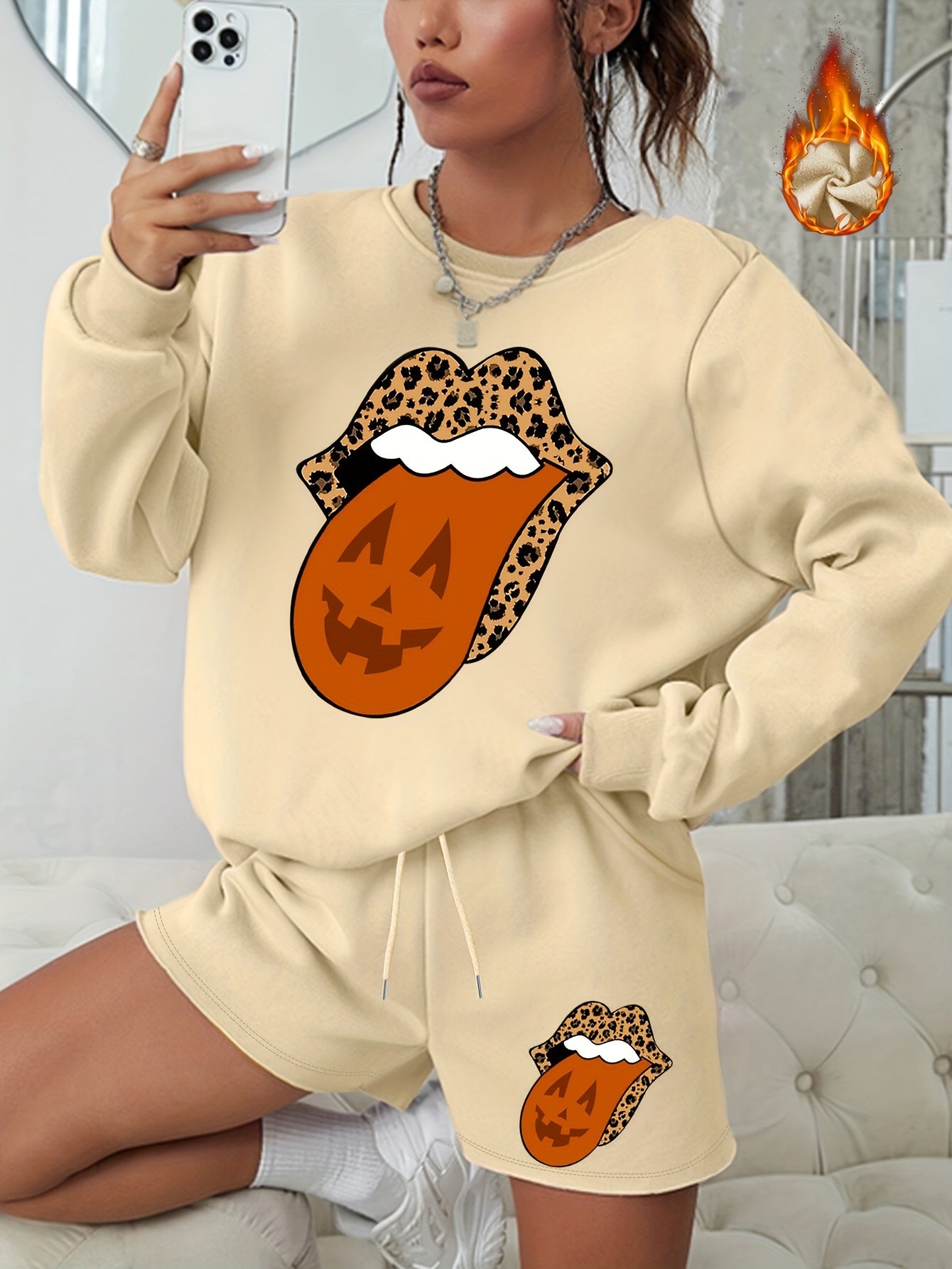 Halloween 2pcs Set Graphic Print Sweatshirt & Shorts Outfits