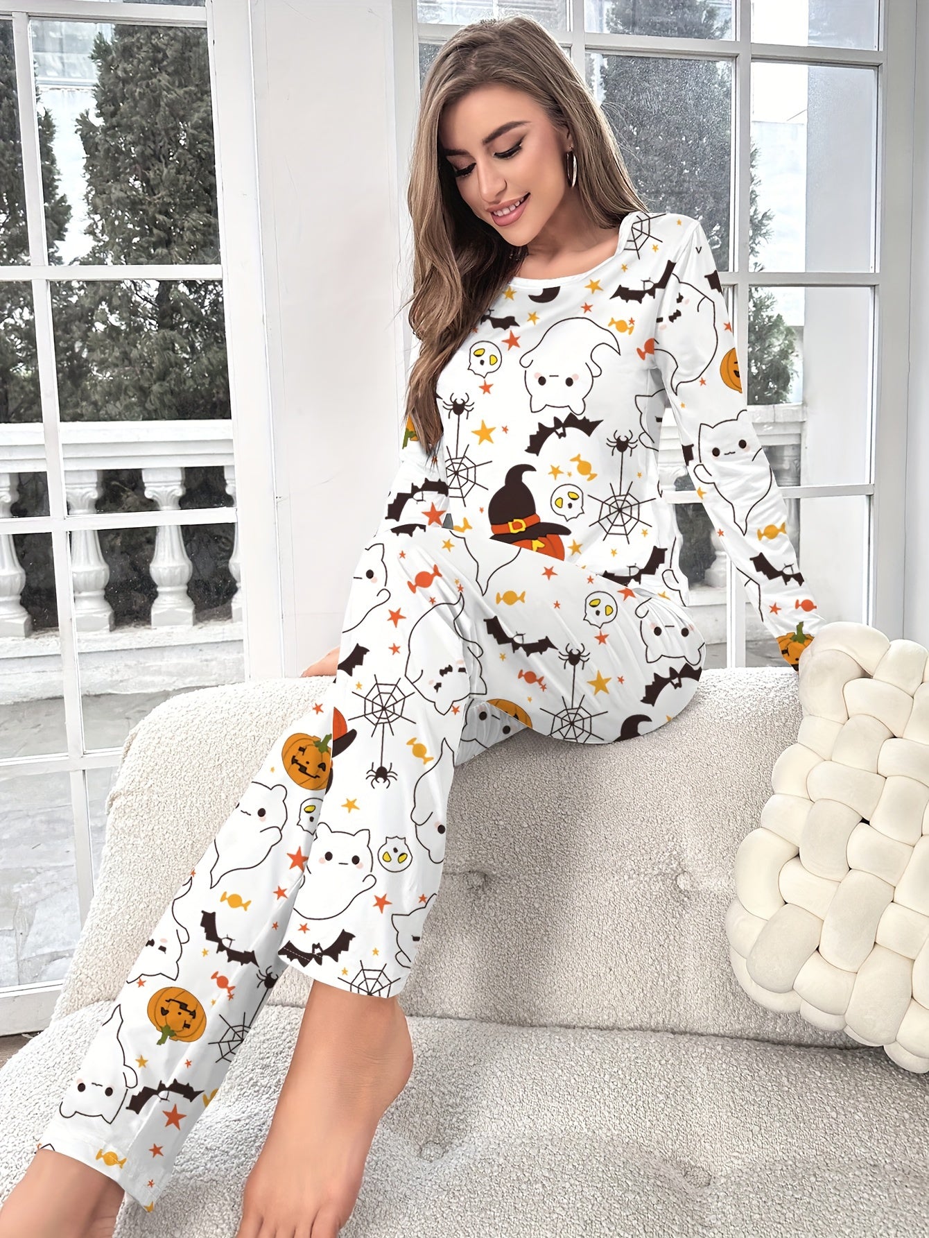 Halloween Pumpkin Print Pajama Set Long Sleeve Crew Neck Top & Pants Sleepwear