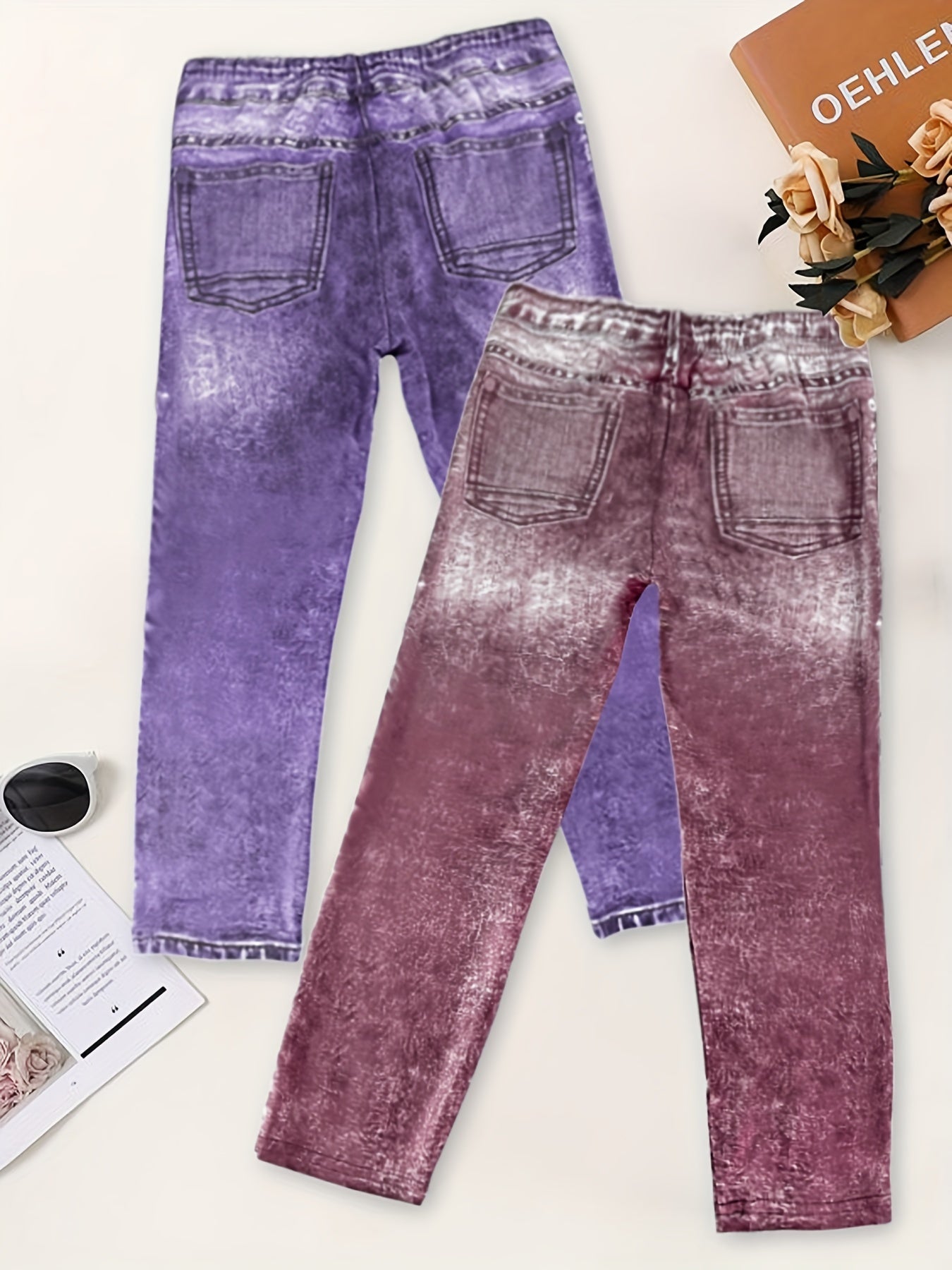 Girls 3D Denim Printed Leggings with Lace Up Design