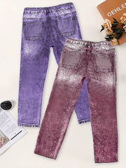 Girls 3D Denim Printed Leggings with Lace Up Design