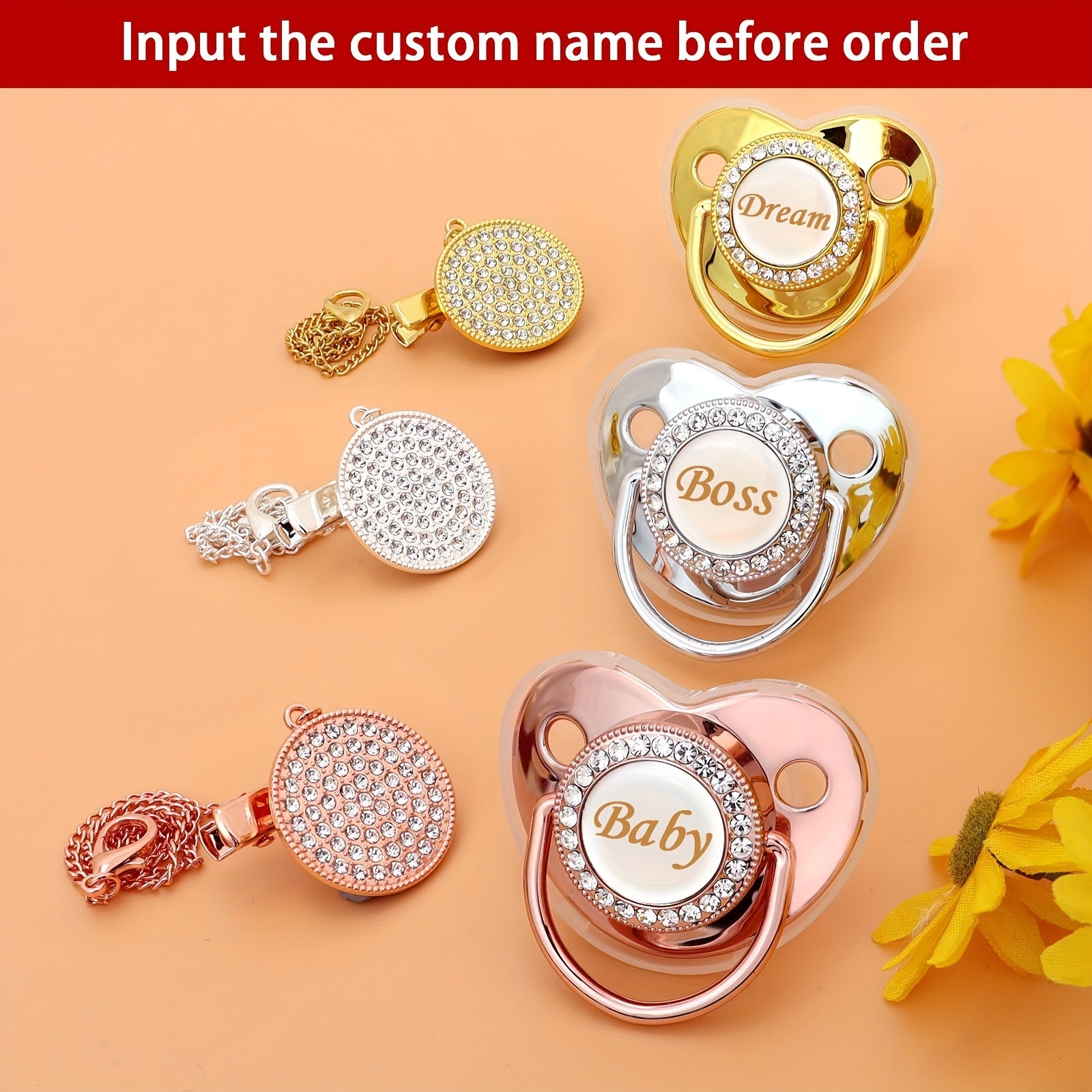 Personalized Glitter Crystal Pacifier & Clip with Name for Baby Gift