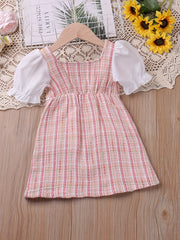 Girls Pearl Button Plaid Patchwork Princess Dress
