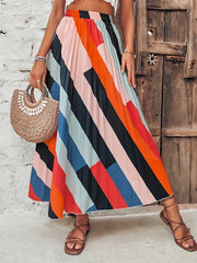 Striped Pleated Maxi Skirt Vintage Elastic Waist Skirt