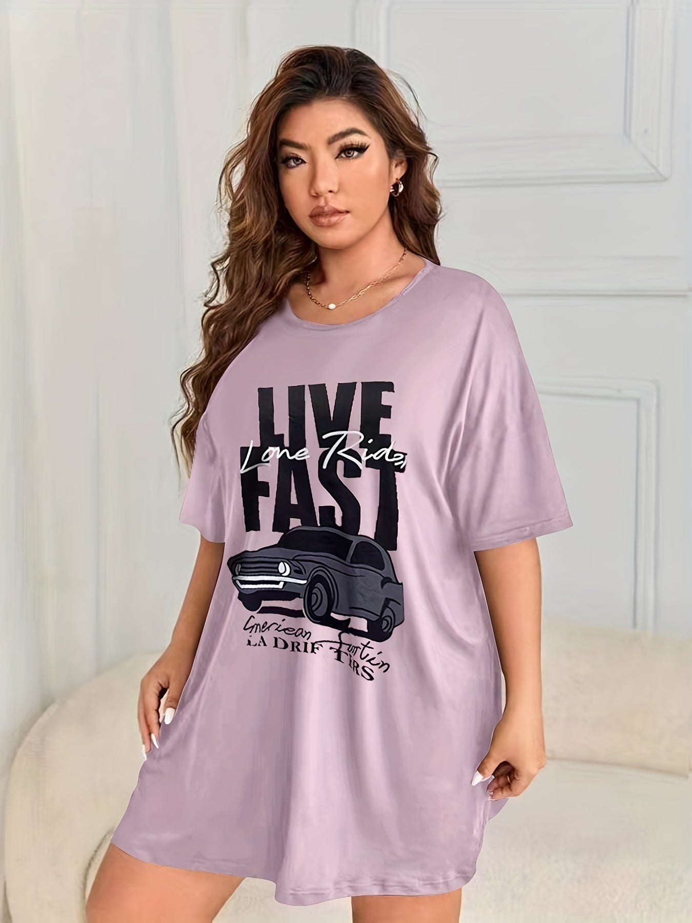 Retro Nightdress Women's Plus Letter & Car Print Short