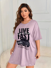 Retro Nightdress Women's Plus Letter & Car Print Short