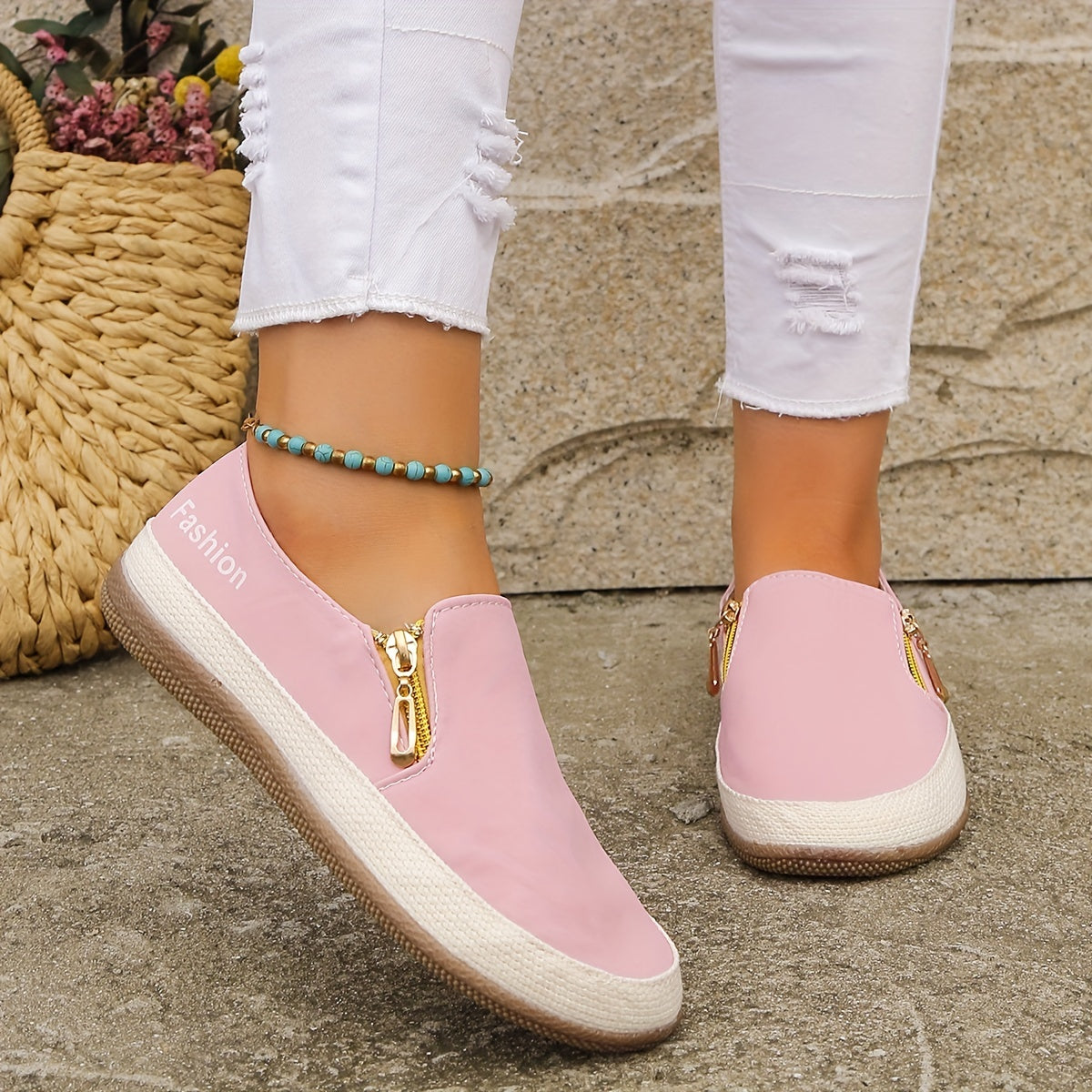 Women's Side Zipper Flat Shoes Solid Non Slip Shoes Casual Walking Outdoor Flats
