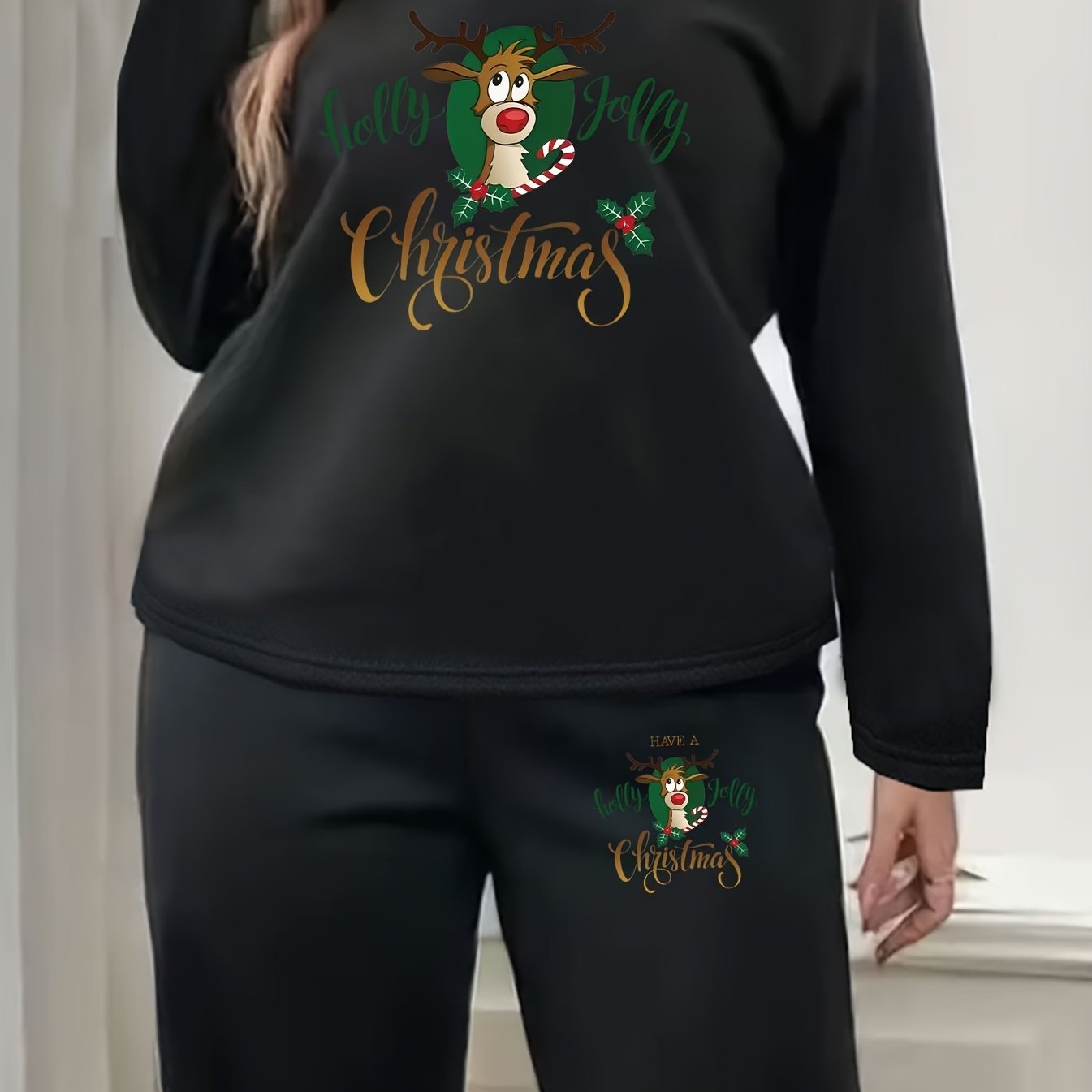 Christmas 2pc Set Women's Plus Slogan & Elk Print
