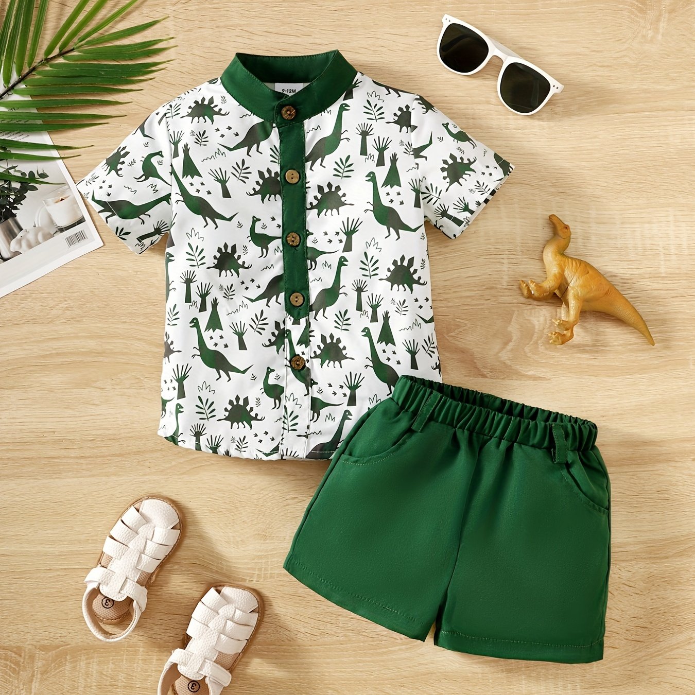 Cute Boys Dino Print Shirt Shorts Set