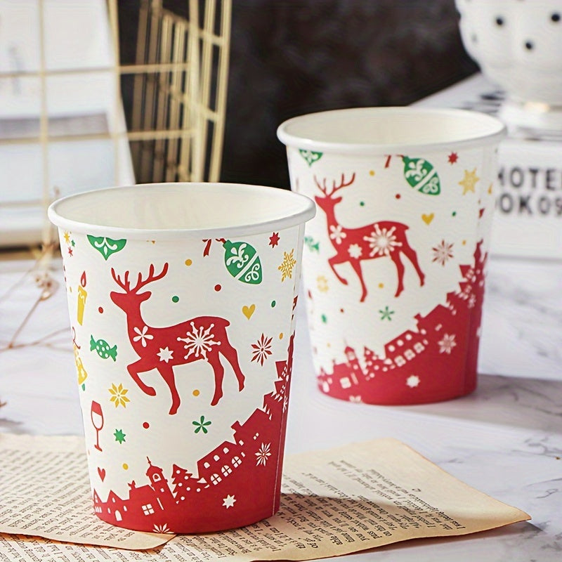 10pcs Christmas Paper Cup Plate Disposable Tableware Set Holiday Party Decor