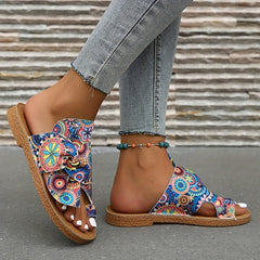 Women's Bowknot Sandals Floral Printed Slip On Toe Loop Casual Flat Summer Shoes