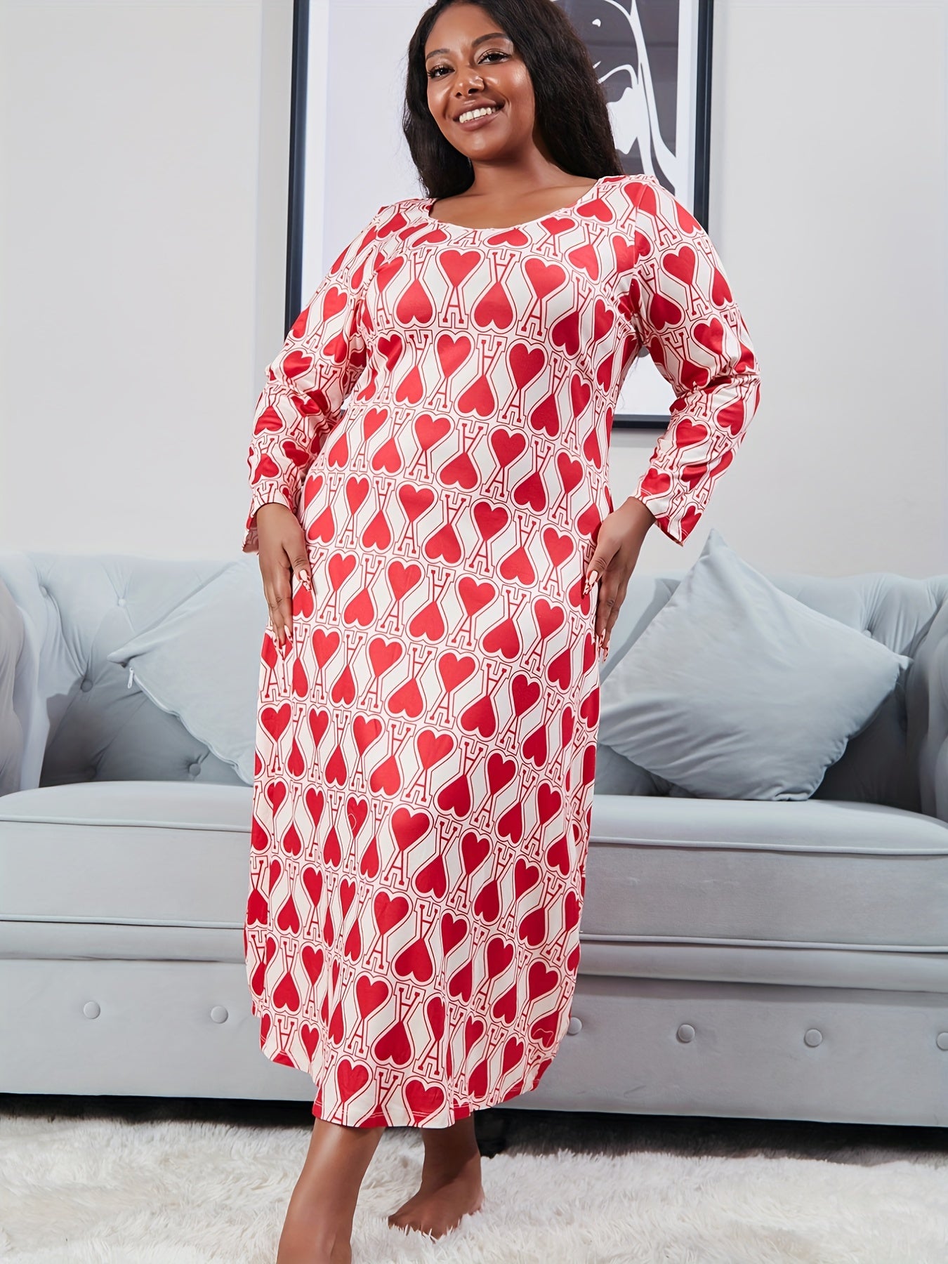 Heart Print Long Sleeve Tee Nightdress