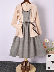 Girls Houndstooth Vest Dress & Apricot Ribbed Jacket Set
