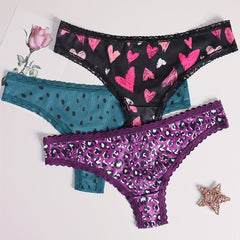 3 Pack Plus Size Thongs Set Women's Plus Lace Heart Print Medium Stretch