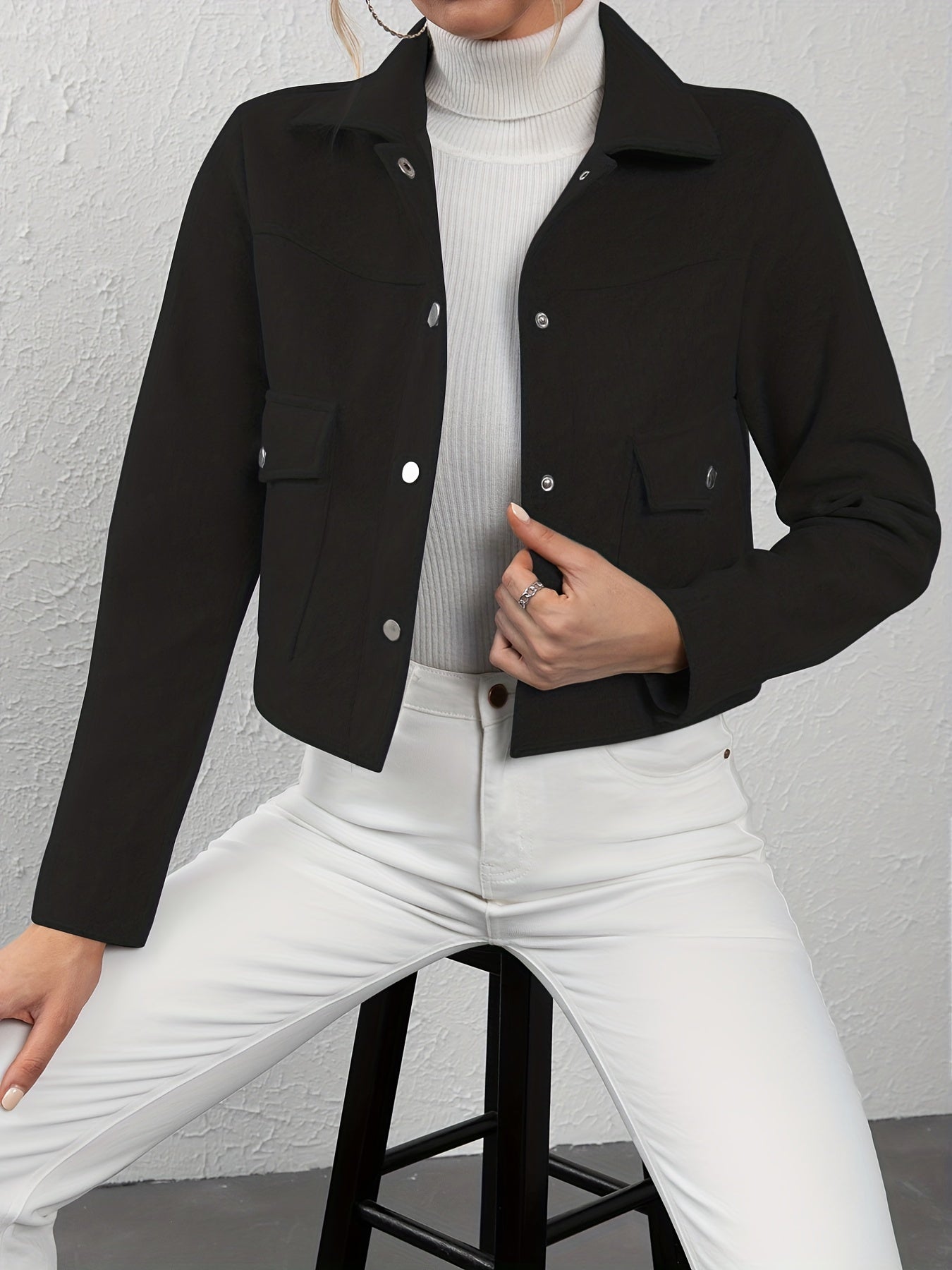 Button Front Lapel Neck Jacket Casual Long Sleeve Outerwear for Women