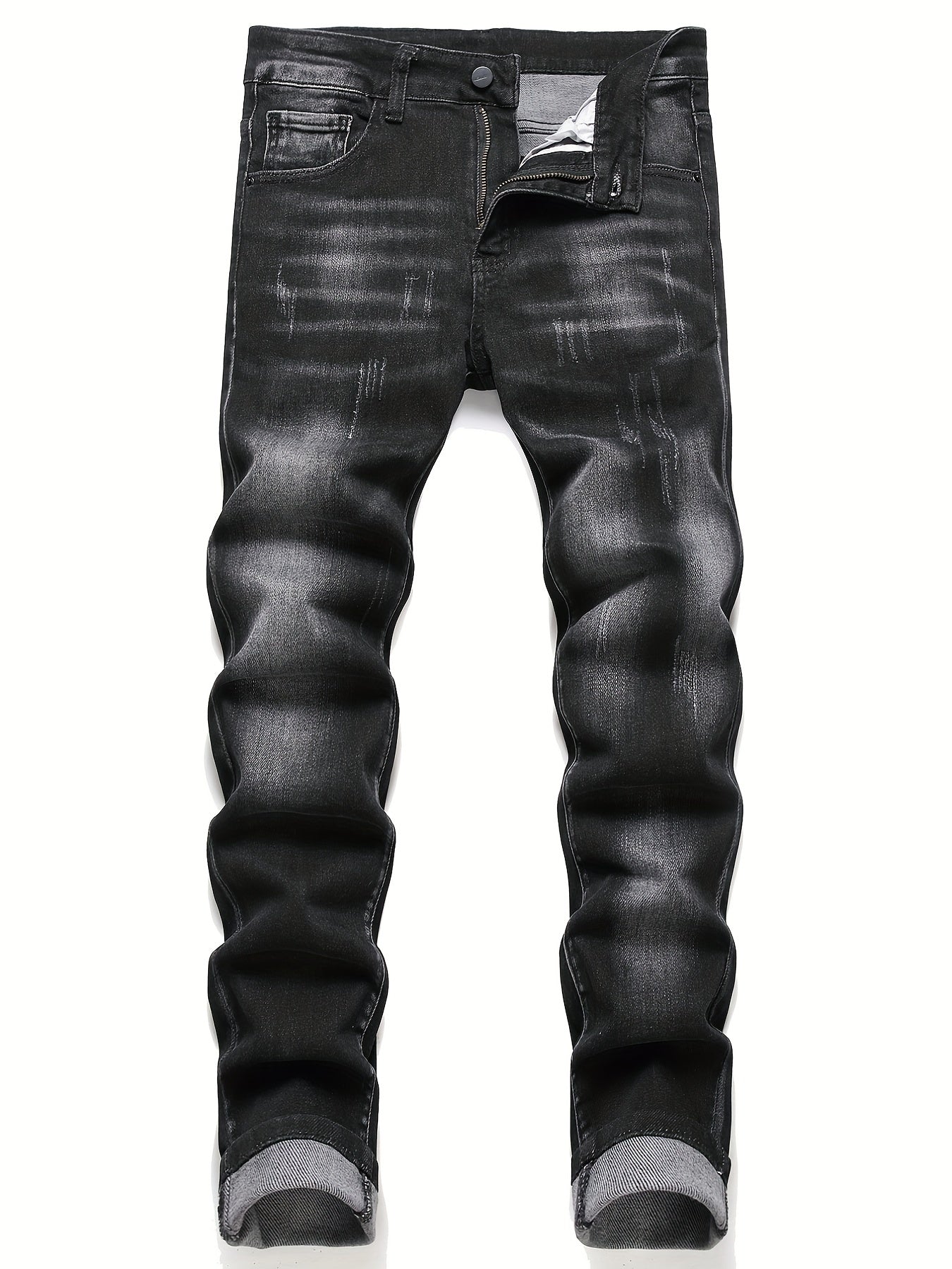 Navy Washed Slim Fit Jeans Men's Casual Street Style High Stretch Denim Pants