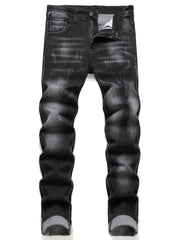 Navy Washed Slim Fit Jeans Men's Casual Street Style High Stretch Denim Pants