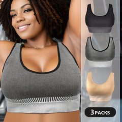 3 Pack Plus Size Sports Bra Set Women's Plus Striped Shockproof Skinny