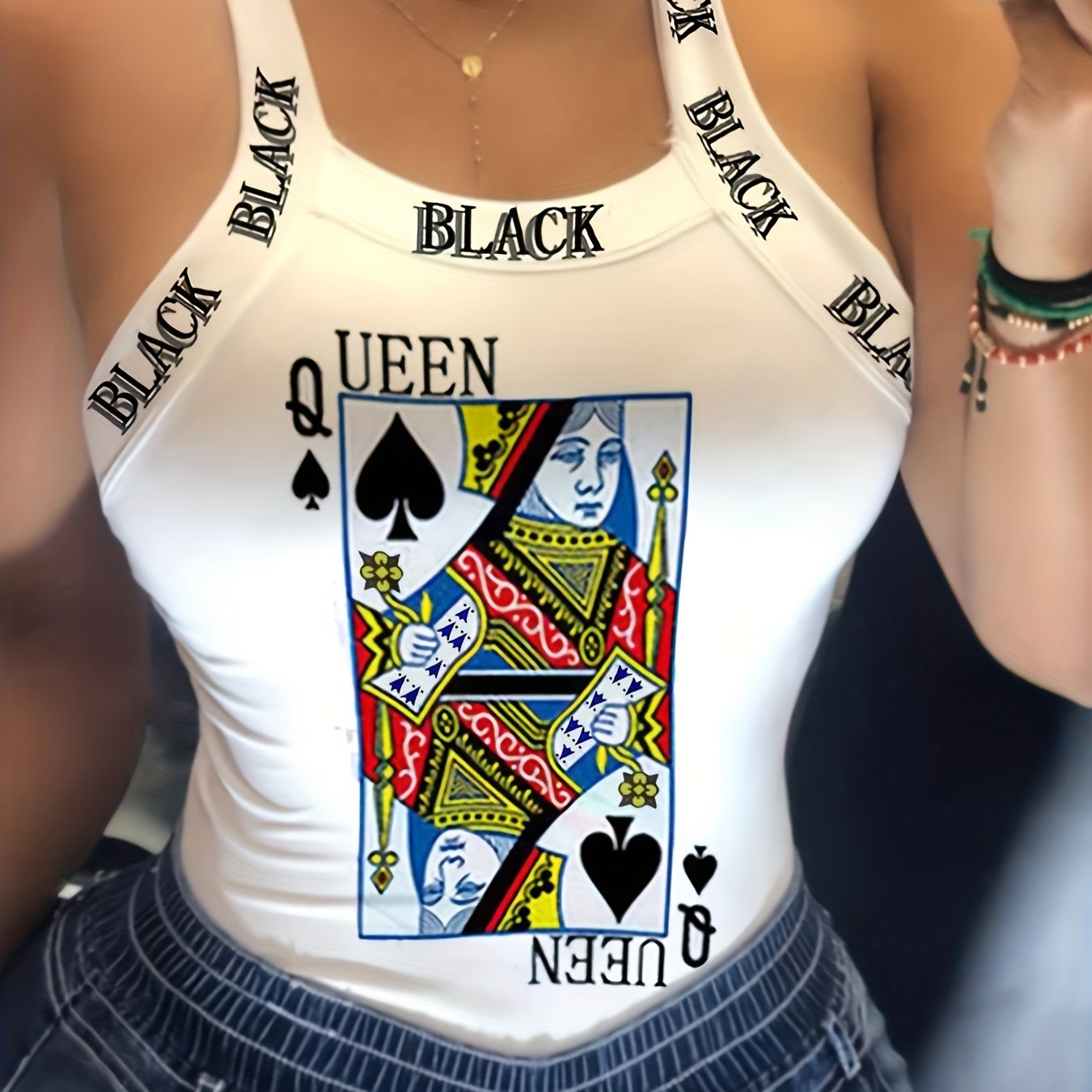 Poker Queen Print Slim Cami Top for Women