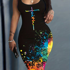 Casual Summer Dress Women's Plus Letter & Splash Print Scoop Neck