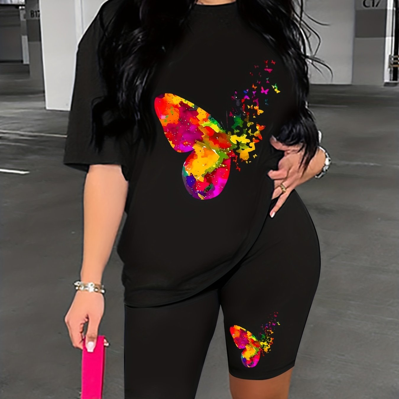 Colorblock Butterfly Print Lounge Set Short Sleeve Top & Cozy Shorts