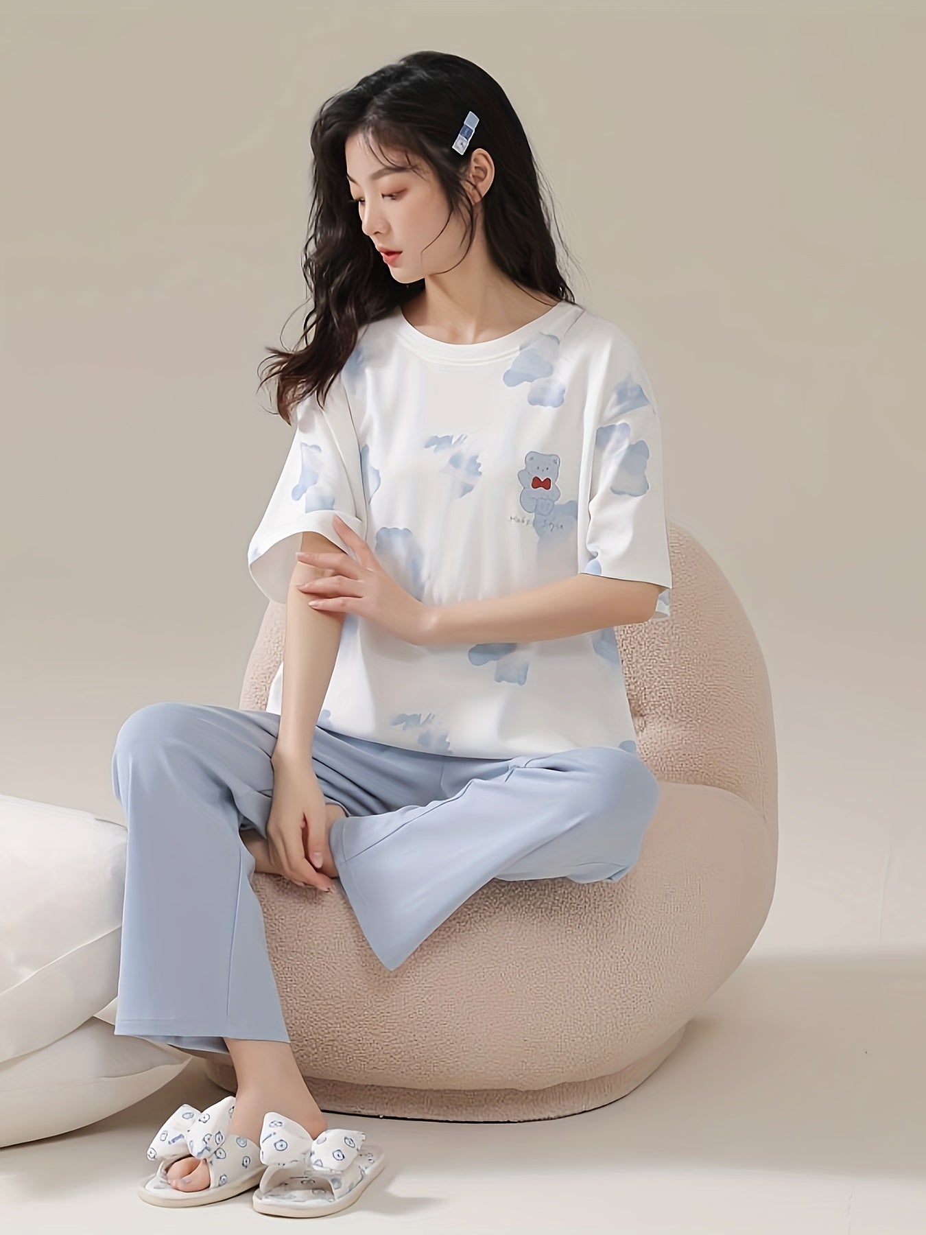 Bear Print Pajama Set Short Sleeve Top & Pants Women's Sleepwear