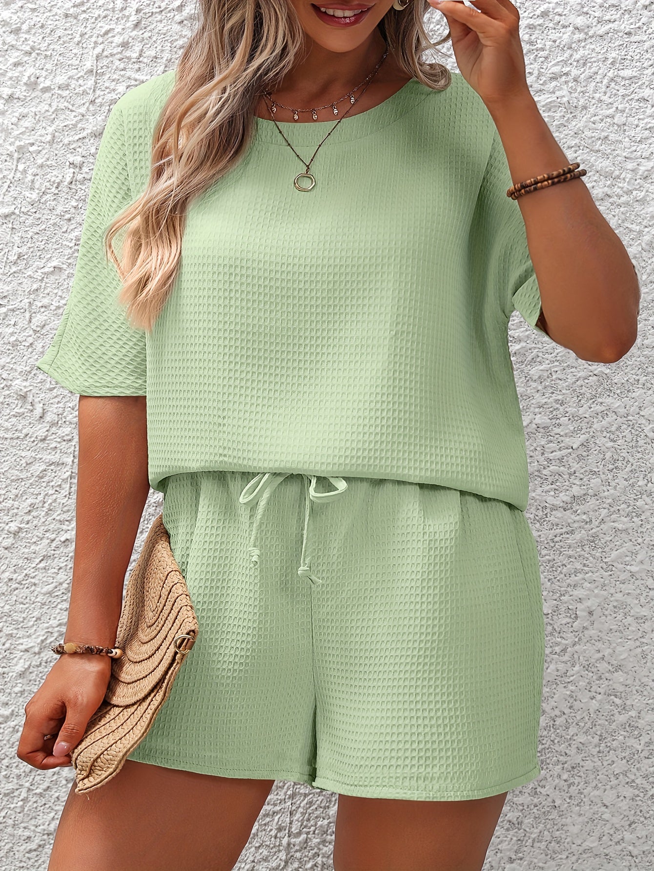 Waffle Knit Top & Drawstring Shorts 2PC Set