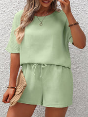 Waffle Knit Top & Drawstring Shorts 2PC Set