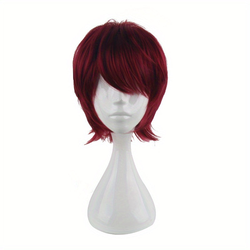 Men's 14 Inch Wine Red Anime Dress Up Wig Synthetic Fiber Wig