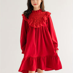 Girls' Solid Ruffle Trim Long Sleeve Dress For Christmas Party