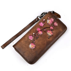 Vintage Style Leather Wallet Floral Embossed Card Holder with Wristlet