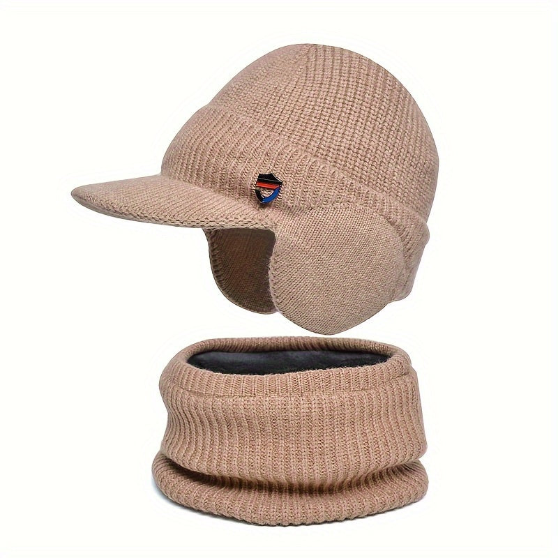 Men's Fleece Beanie Hat & Neck Scarf Set Winter Warm Outdoor Hat Circumference 5