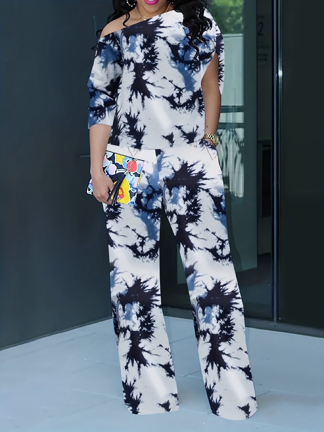 Plus Size Stripe One Shoulder Top & Pants Set