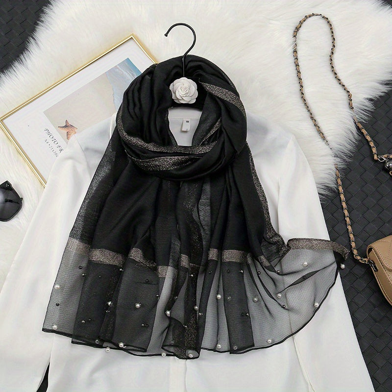 Organza Block Scarf Beads Decor Casual Shawl Women Outdoor Windproof Head Wrap