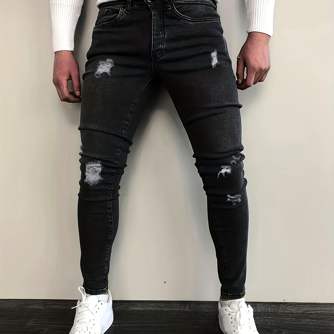 Slim Fit Ripped Cotton Jeans Men s Casual Street Style Solid Distressed Mid