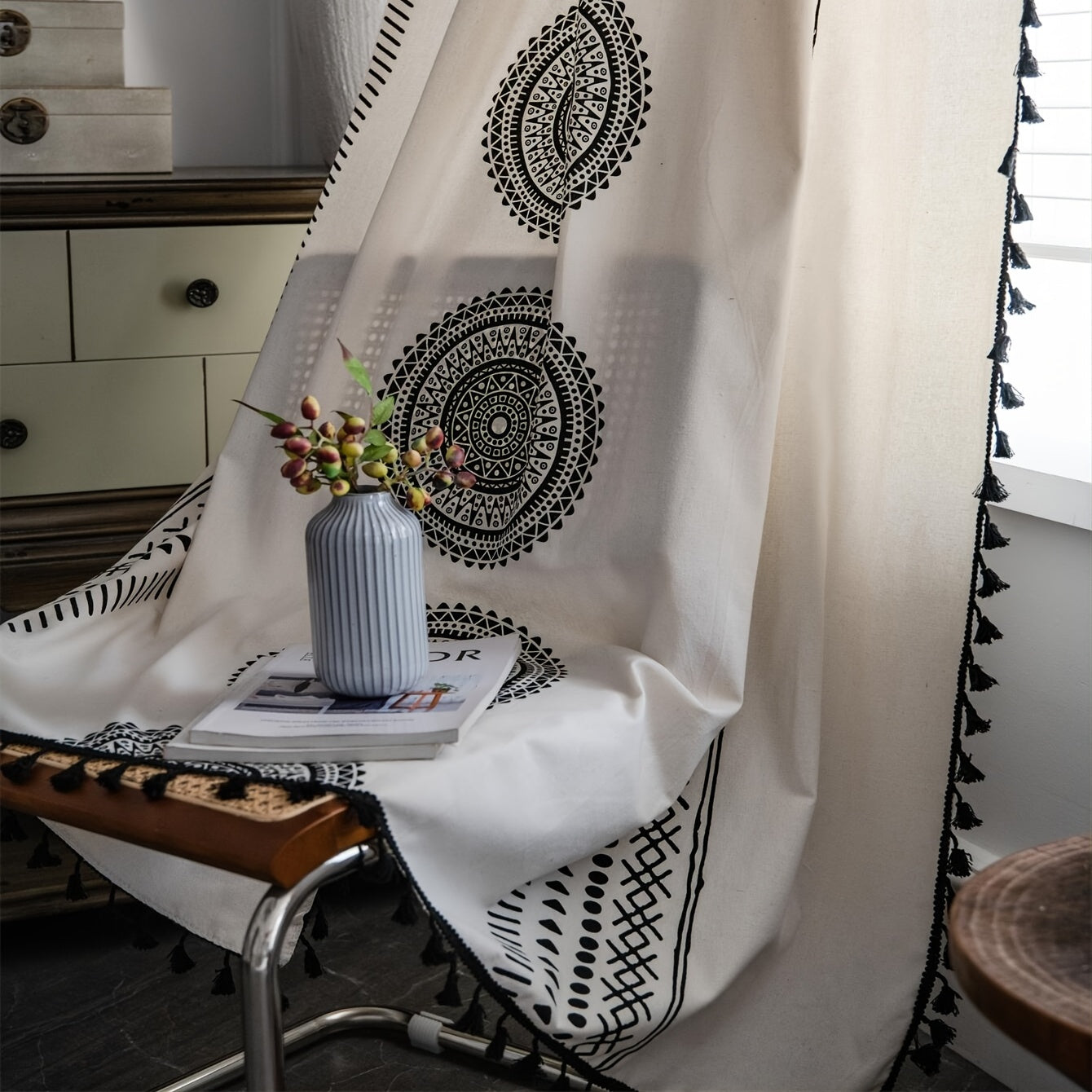Boho Geometric Print Cream Curtain With Fringe - Semi Blackout