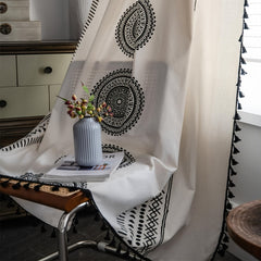 Boho Geometric Print Cream Curtain With Fringe - Semi Blackout
