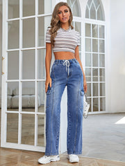 Cargo Denim Pants Elastic Waist Loose Fit