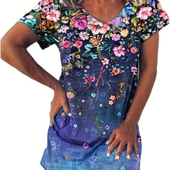 Floral Print V Neck Dress Short Sleeve Casual Dress