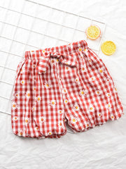 Girls Plaid Daisy Bow Elastic Waist Shorts Kids Summer Clothes