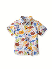 Boys Cartoon Leaf Cat Fish Shirt Kids Summer Clothes